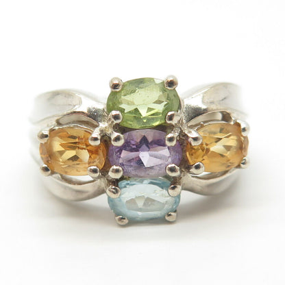 925 Sterling Silver Vintage Amethyst Citrine Peridot Topaz Gem Ring Size 8.25