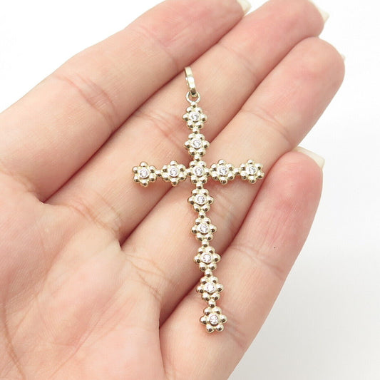 925 Sterling Silver Gold Plated C Z Floral Blossom Cross Pendant