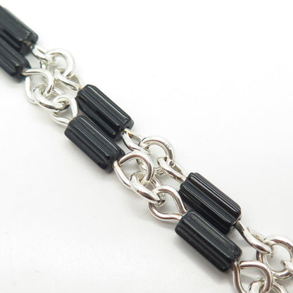 925 Sterling Silver Vintage Real Black Onyx Gem Bar Beaded Chain Necklace 16"