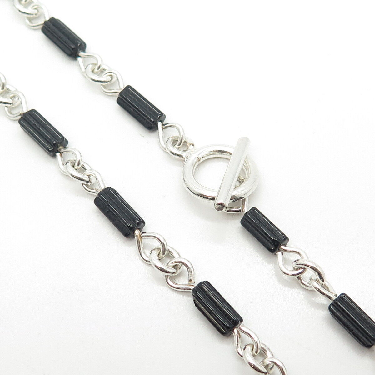 925 Sterling Silver Vintage Real Black Onyx Gem Bar Beaded Chain Necklace 16"