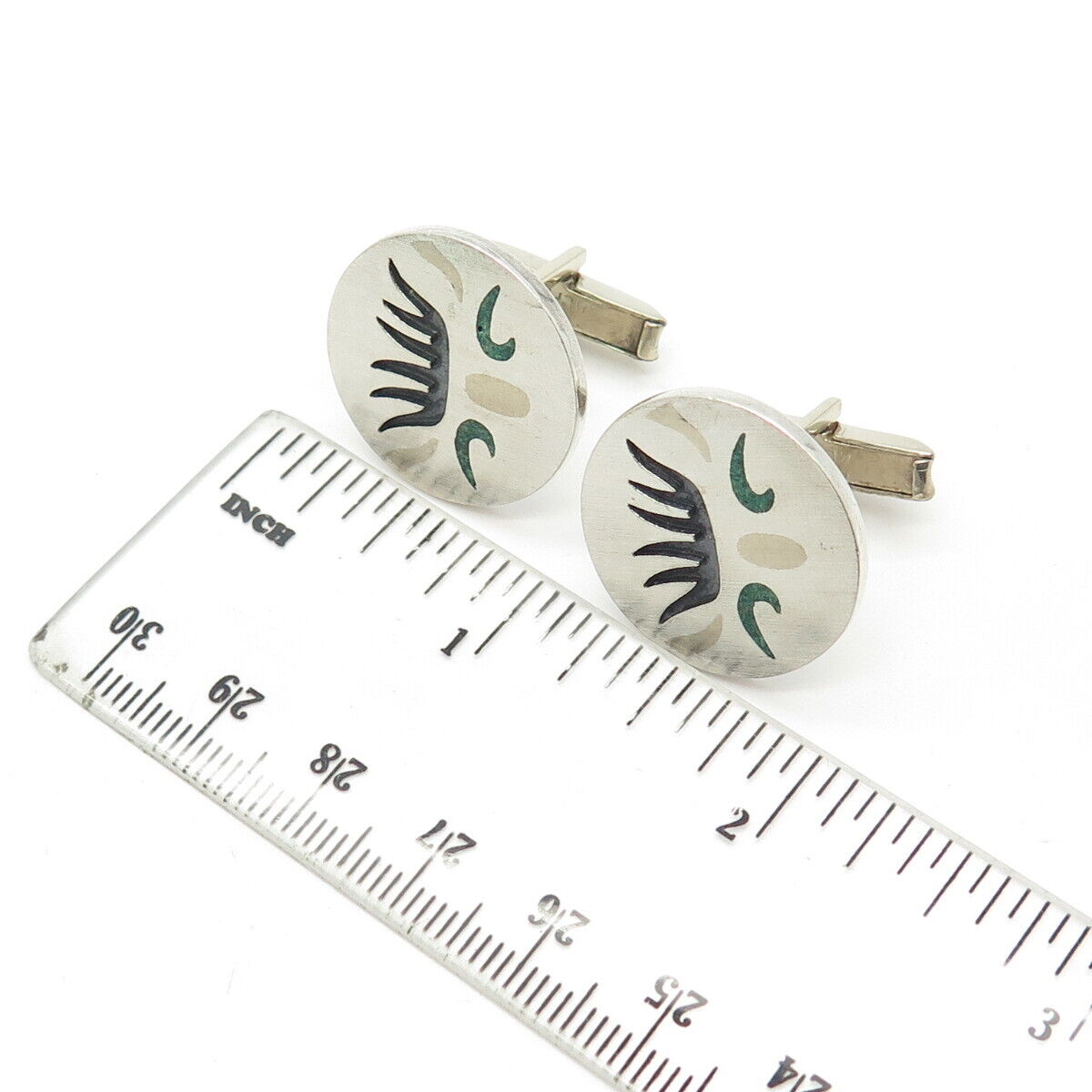 925 Sterling Silver 2-Tone Vintage Real Azurite Inlay Metales Casados Cufflinks