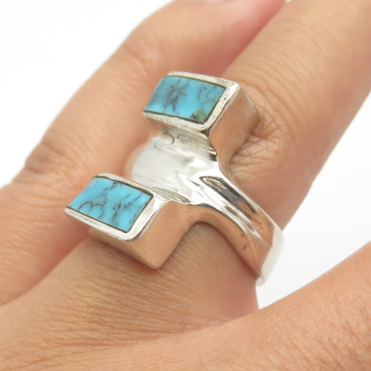 925 Sterling Silver Vintage Mexico Real Bisbee Turquoise Statement Ring Size 7.5