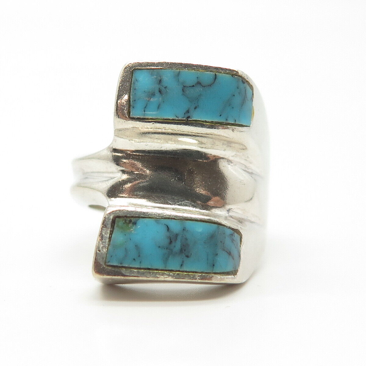 925 Sterling Silver Vintage Mexico Real Bisbee Turquoise Statement Ring Size 7.5