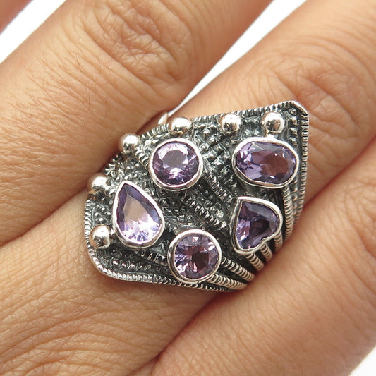 925 Sterling Silver Vintage Real Amethyst Gem Statement Ring Size 8.75