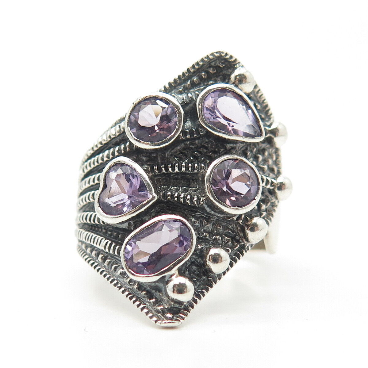 925 Sterling Silver Vintage Real Amethyst Gem Statement Ring Size 8.75