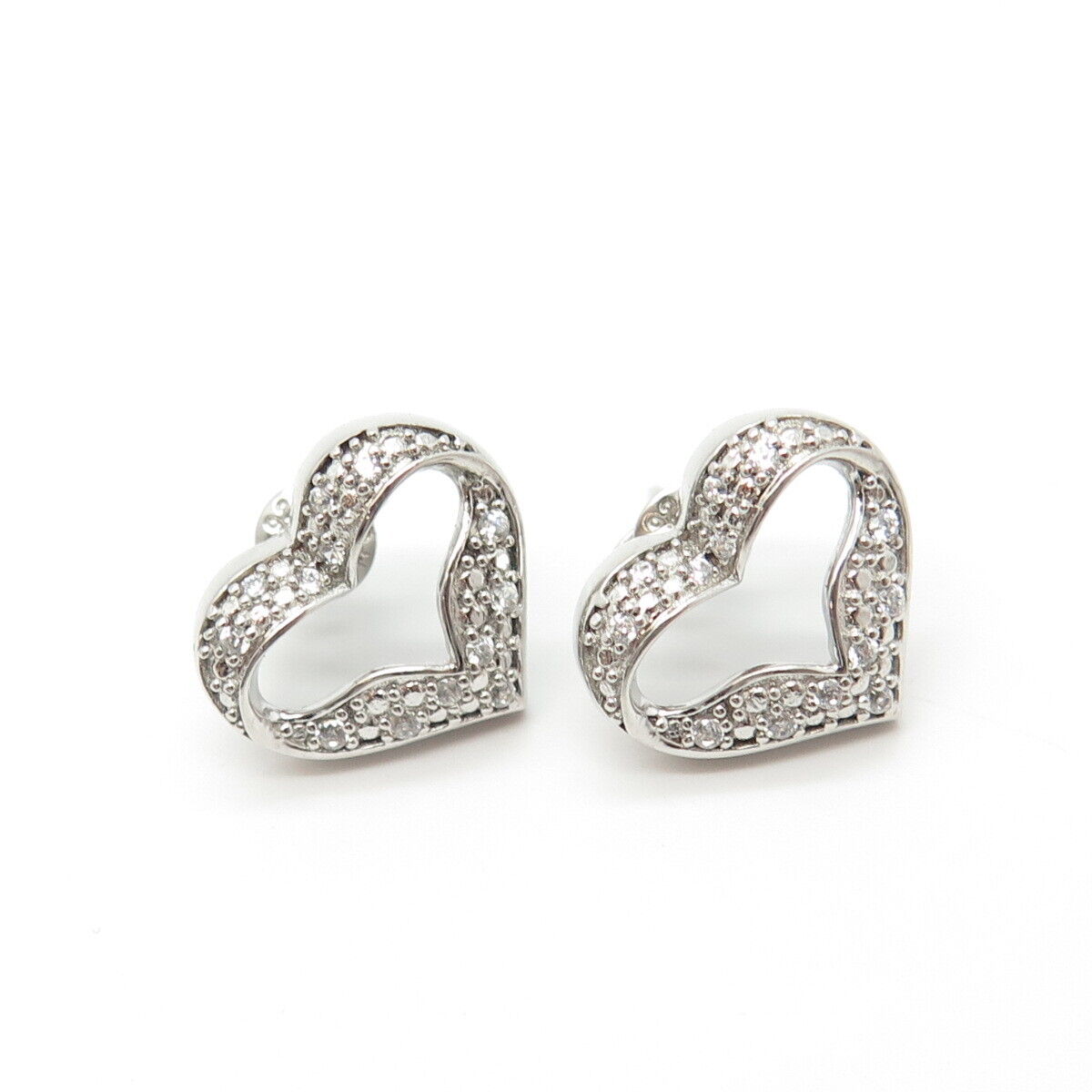 925 Sterling Silver White C Z Open Heart Stud Earrings