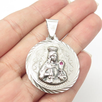 925 Sterling Silver Vintage Lab-Created Ruby Religious Theme Pendant