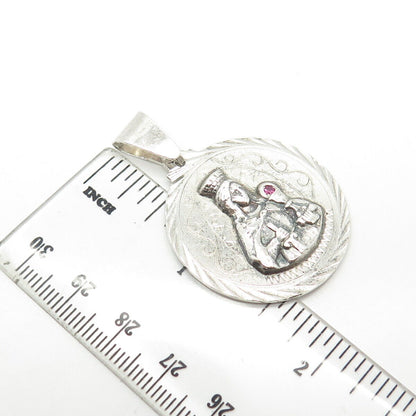 925 Sterling Silver Vintage Lab-Created Ruby Religious Theme Pendant