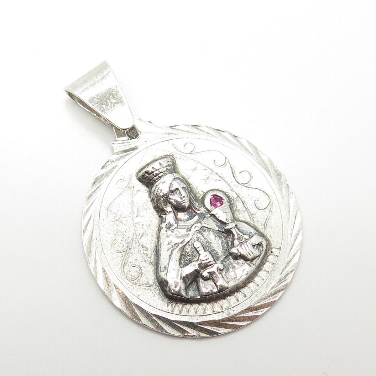 925 Sterling Silver Vintage Lab-Created Ruby Religious Theme Pendant