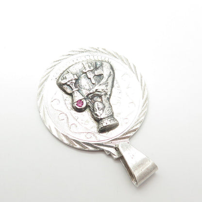 925 Sterling Silver Vintage Lab-Created Ruby Religious Theme Pendant