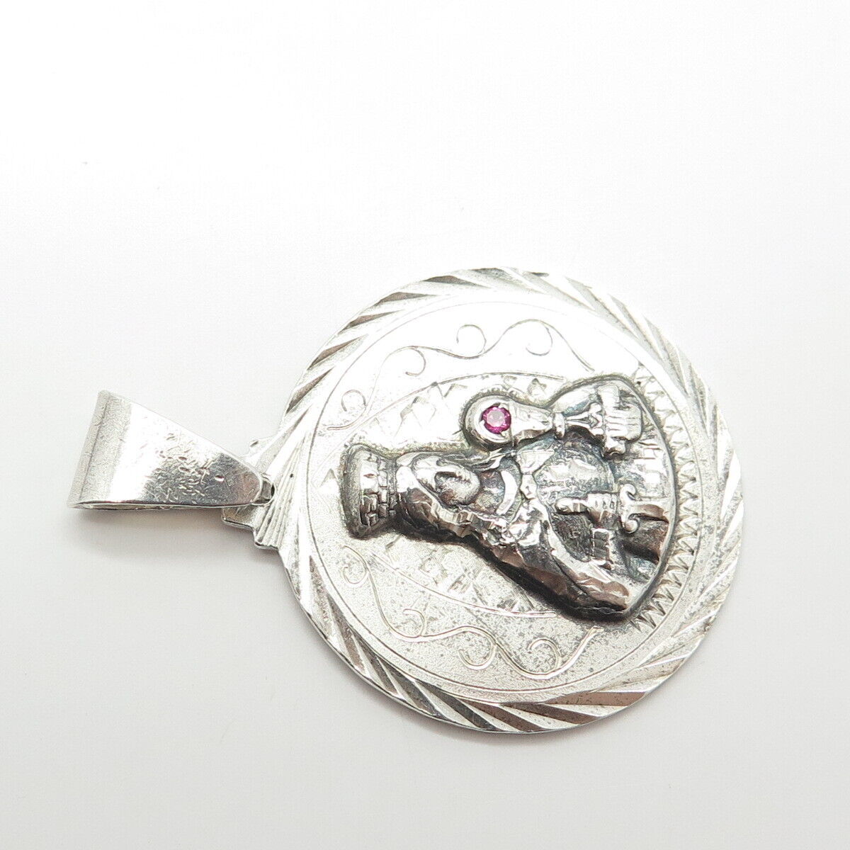 925 Sterling Silver Vintage Lab-Created Ruby Religious Theme Pendant