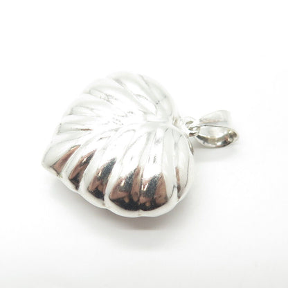 925 Sterling Silver Vintage Ribbed Puffy Heart 3D Pendant