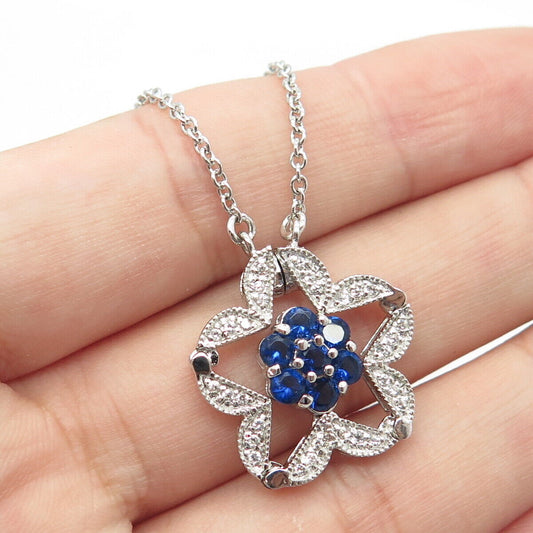 925 Sterling Silver Blue & White C Z Reversible Floral Star Pendant Necklace 18"