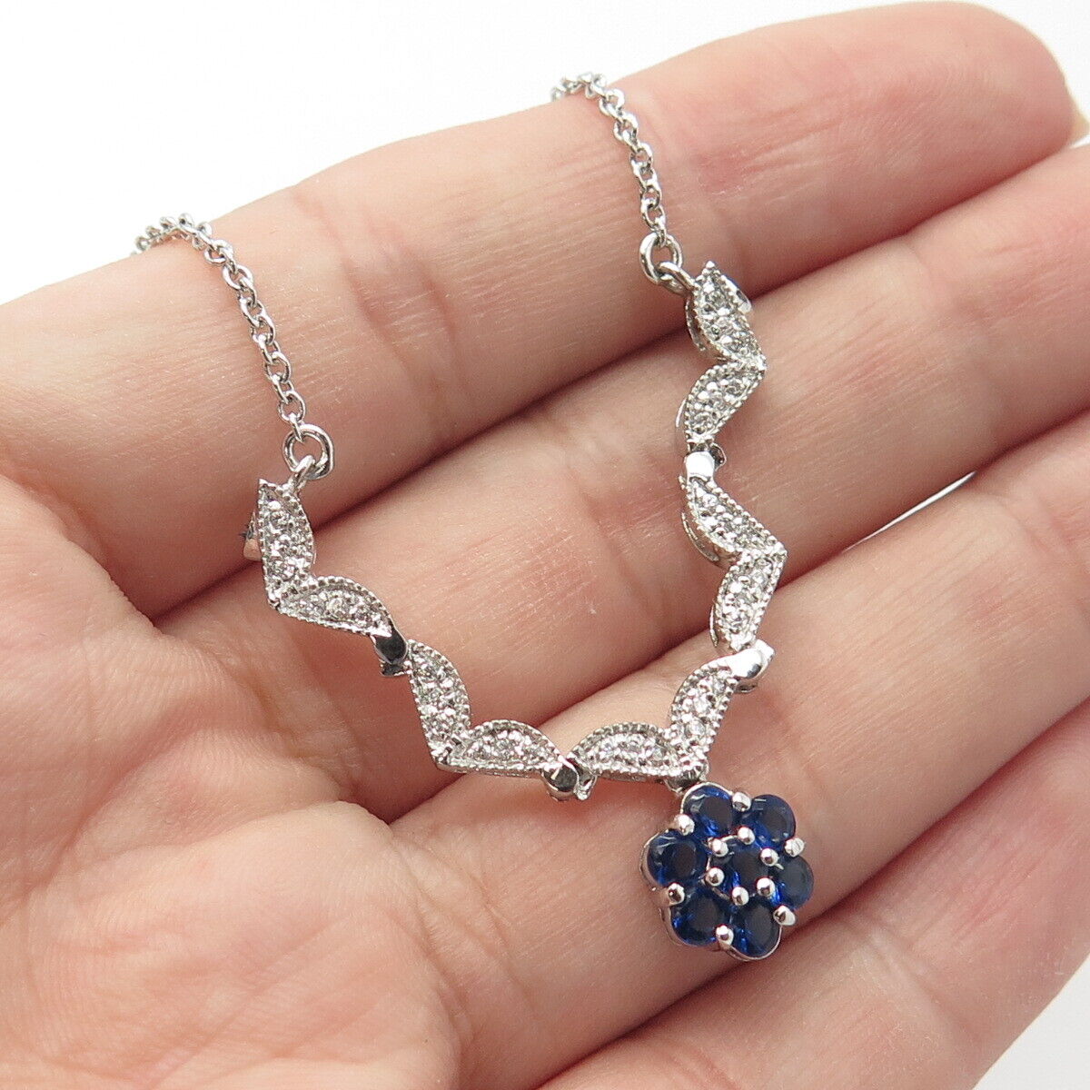 925 Sterling Silver Blue & White C Z Reversible Floral Star Pendant Necklace 18"