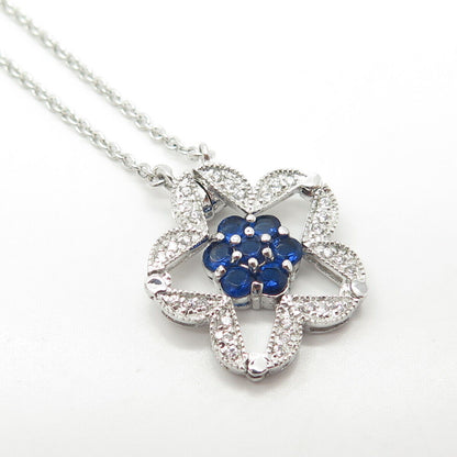 925 Sterling Silver Blue & White C Z Reversible Floral Star Pendant Necklace 18"