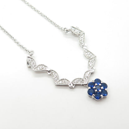 925 Sterling Silver Blue & White C Z Reversible Floral Star Pendant Necklace 18"