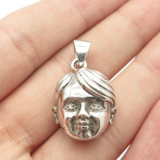 925 Sterling Silver Vintage White C Z Boy Doll Head Pendant