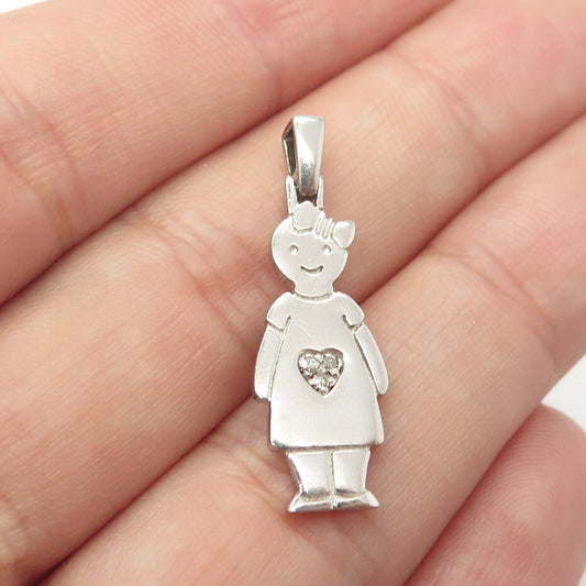 925 Sterling Silver Real White Diamond Girl Cartoon Pendant