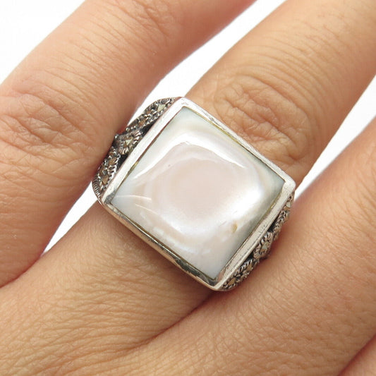 925 Sterling Silver Vintage Real Mother-of-Pearl & Marcasite Gem Ring Size 7