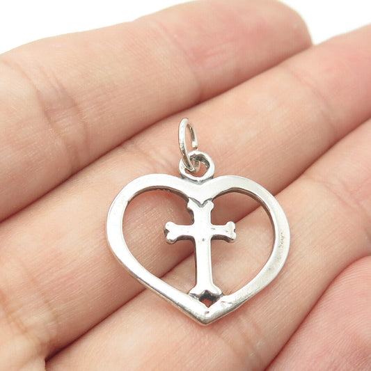 925 Sterling Silver Vintage Cross Heart Charm Pendant