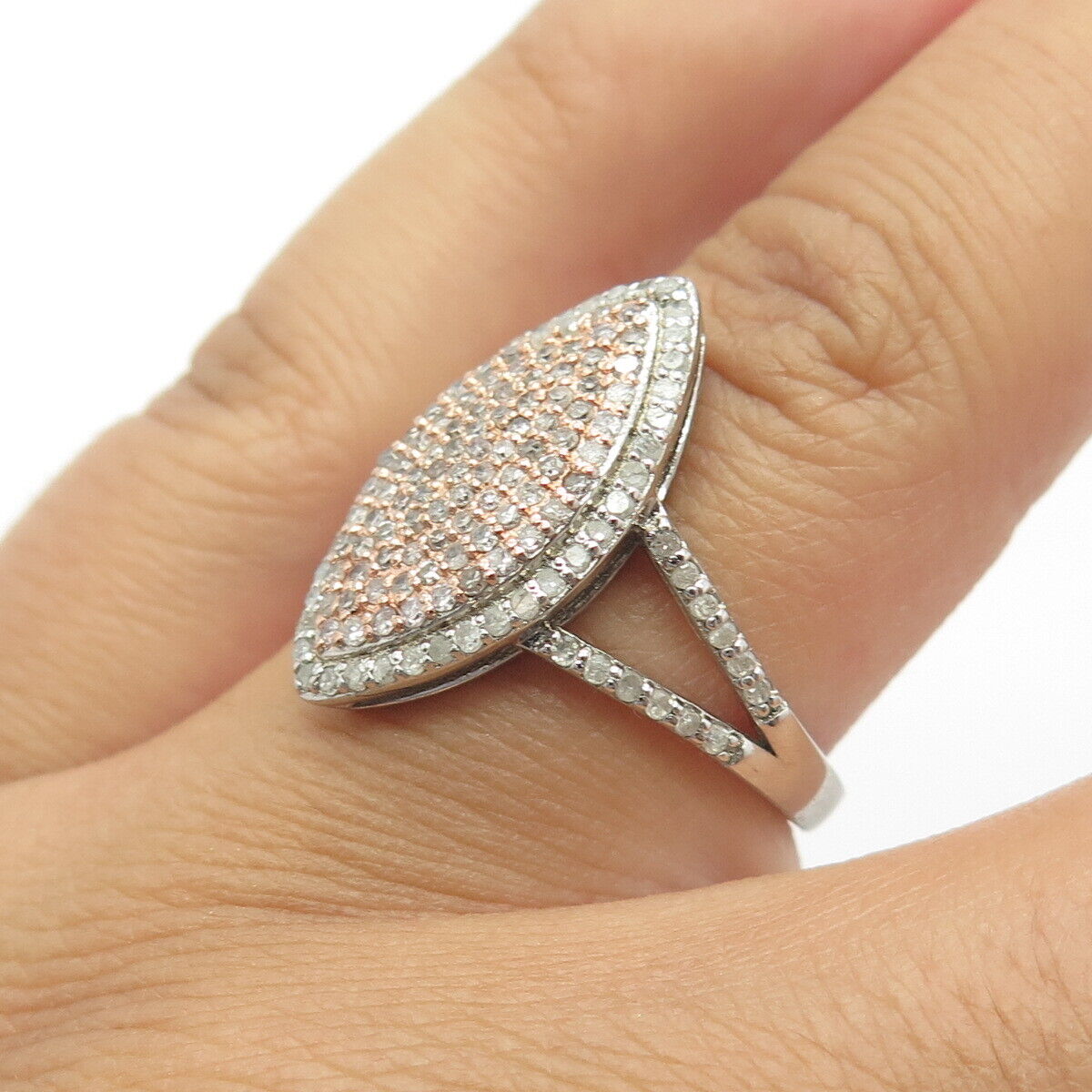 925 Sterling Silver 2-Tone Real White Diamond Cocktail Ring Size 7