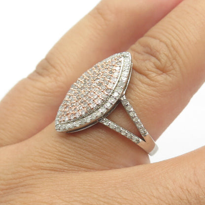 925 Sterling Silver 2-Tone Real White Diamond Cocktail Ring Size 7