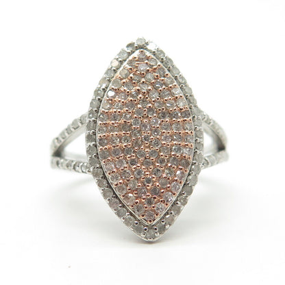 925 Sterling Silver 2-Tone Real White Diamond Cocktail Ring Size 7