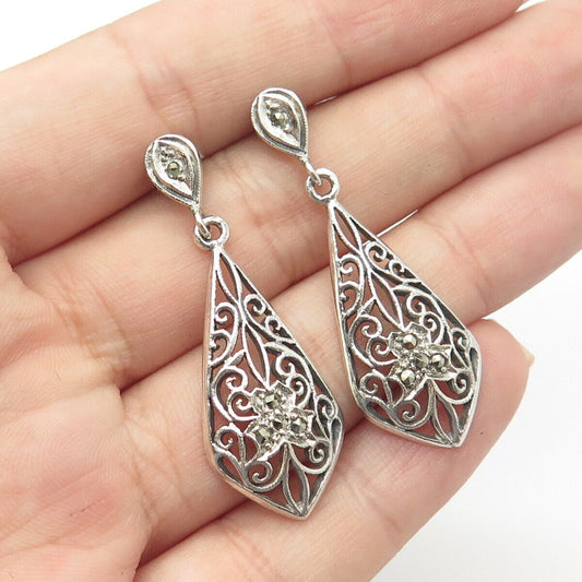 925 Sterling Silver Vintage Real Marcasite Scroll Teardrop Dangling Earrings