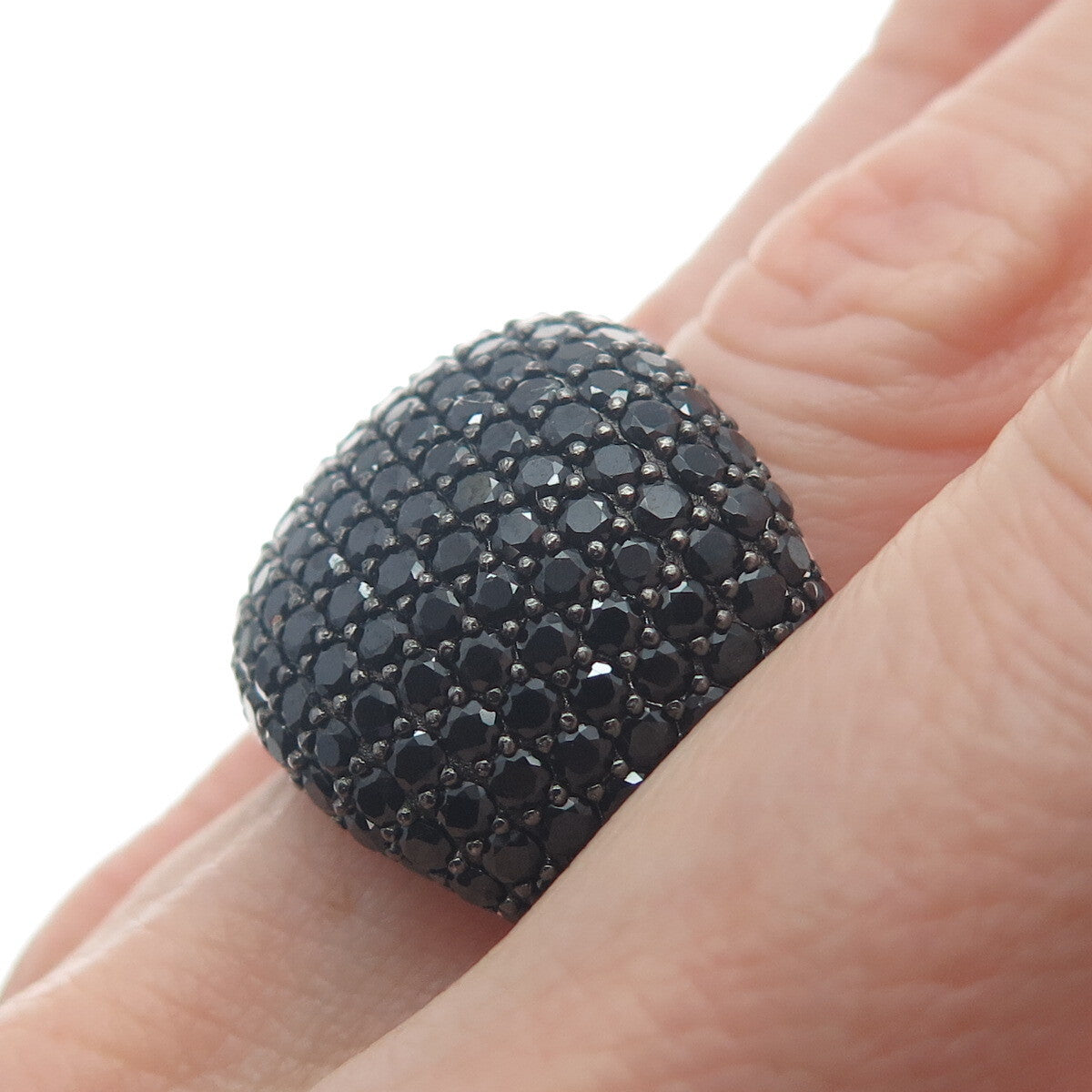 925 Sterling Silver Real Black Spinel Gemstone Cluster Wide Ring Size 7