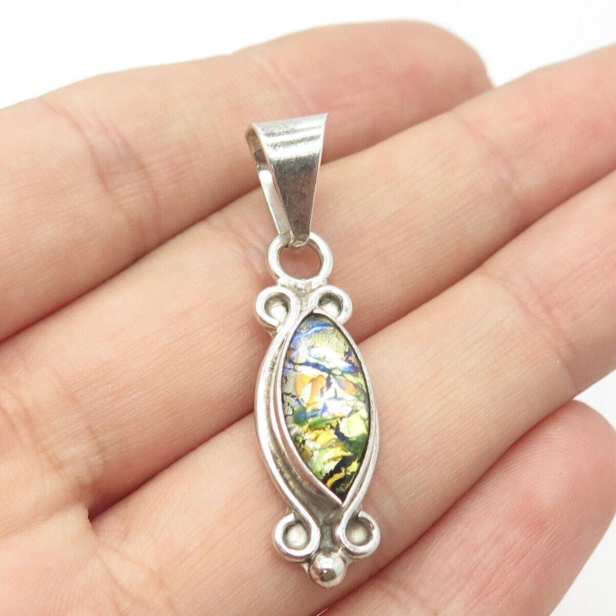 925 Sterling Silver Vintage Mexico Roman Glass Pendant