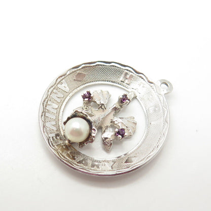 925 Sterling Silver Vintage Real Pearl Amethyst Gem "Happy Anniversary" Pendant