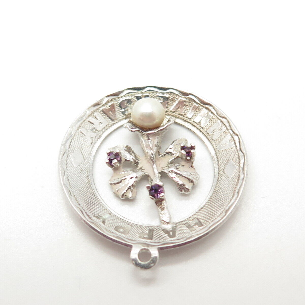 925 Sterling Silver Vintage Real Pearl Amethyst Gem "Happy Anniversary" Pendant