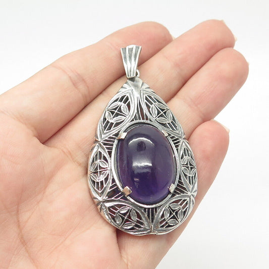 925 Sterling Silver Vintage Real Amethyst Gemstone Ethnic Pendant