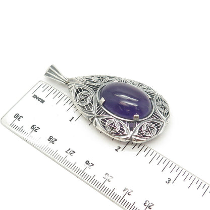 925 Sterling Silver Vintage Real Amethyst Gemstone Ethnic Pendant