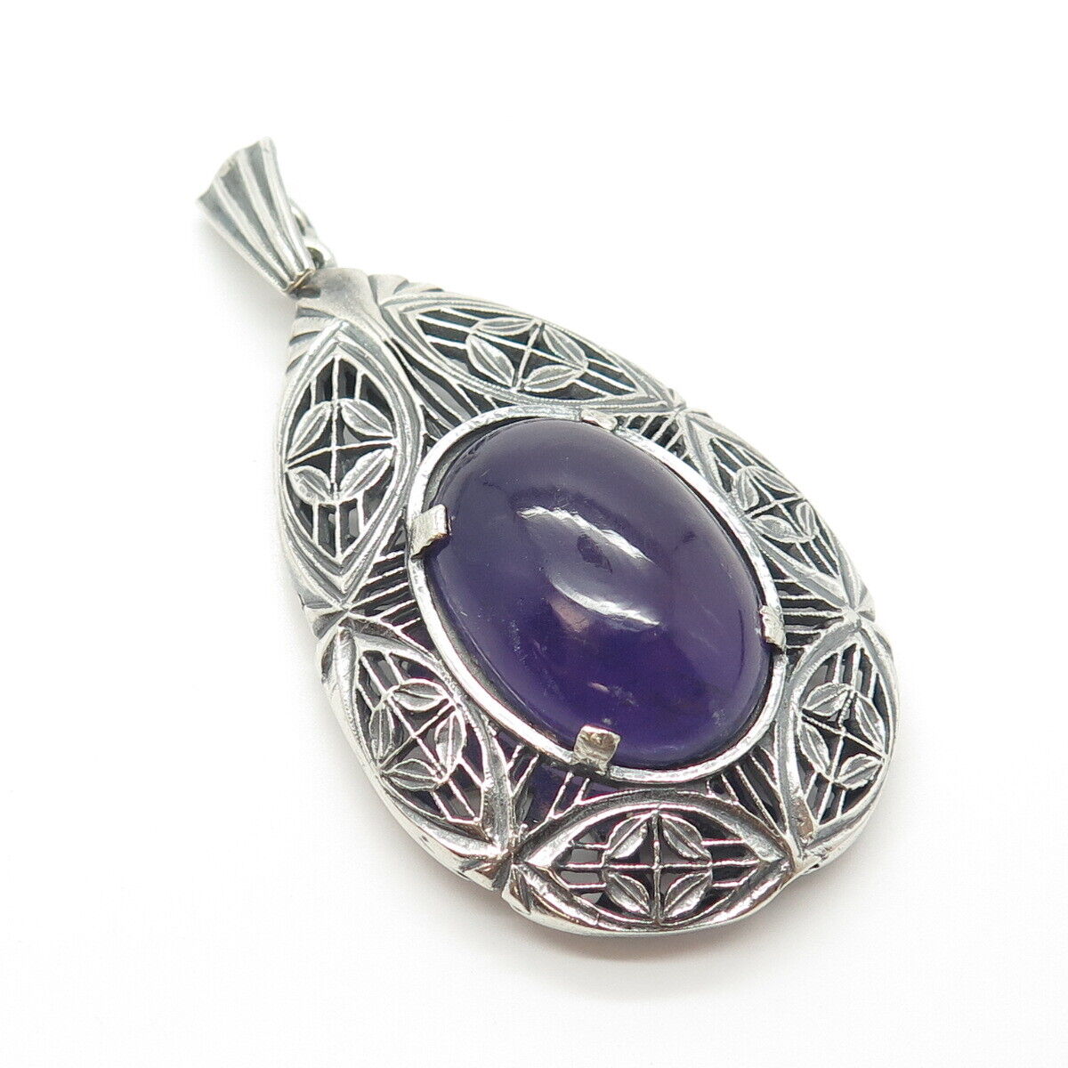 925 Sterling Silver Vintage Real Amethyst Gemstone Ethnic Pendant