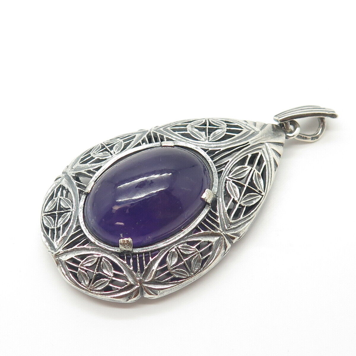 925 Sterling Silver Vintage Real Amethyst Gemstone Ethnic Pendant