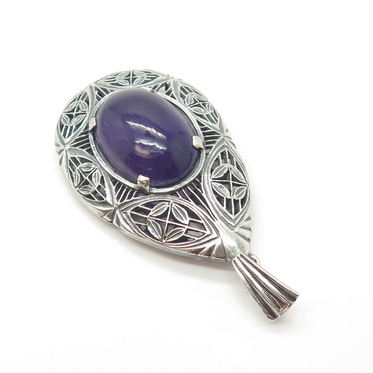 925 Sterling Silver Vintage Real Amethyst Gemstone Ethnic Pendant