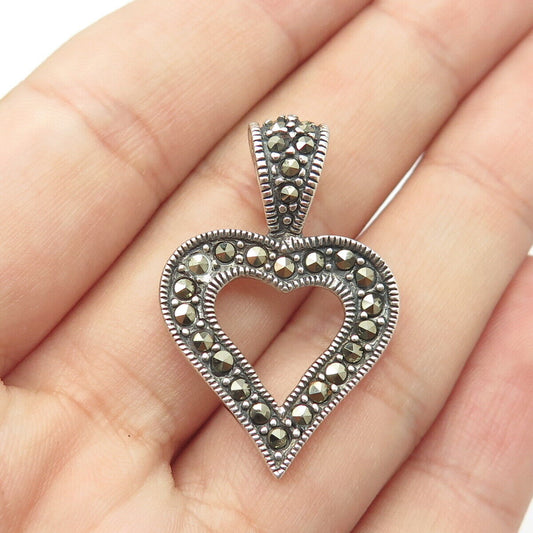 925 Sterling Silver Vintage Real Marcasite Open Heart Pendant