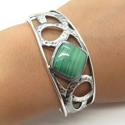 925 Sterling Silver Vintage Malachite Gem Hammered Finish Cuff Bracelet 6.75"