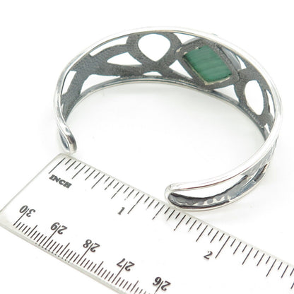 925 Sterling Silver Vintage Malachite Gem Hammered Finish Cuff Bracelet 6.75"