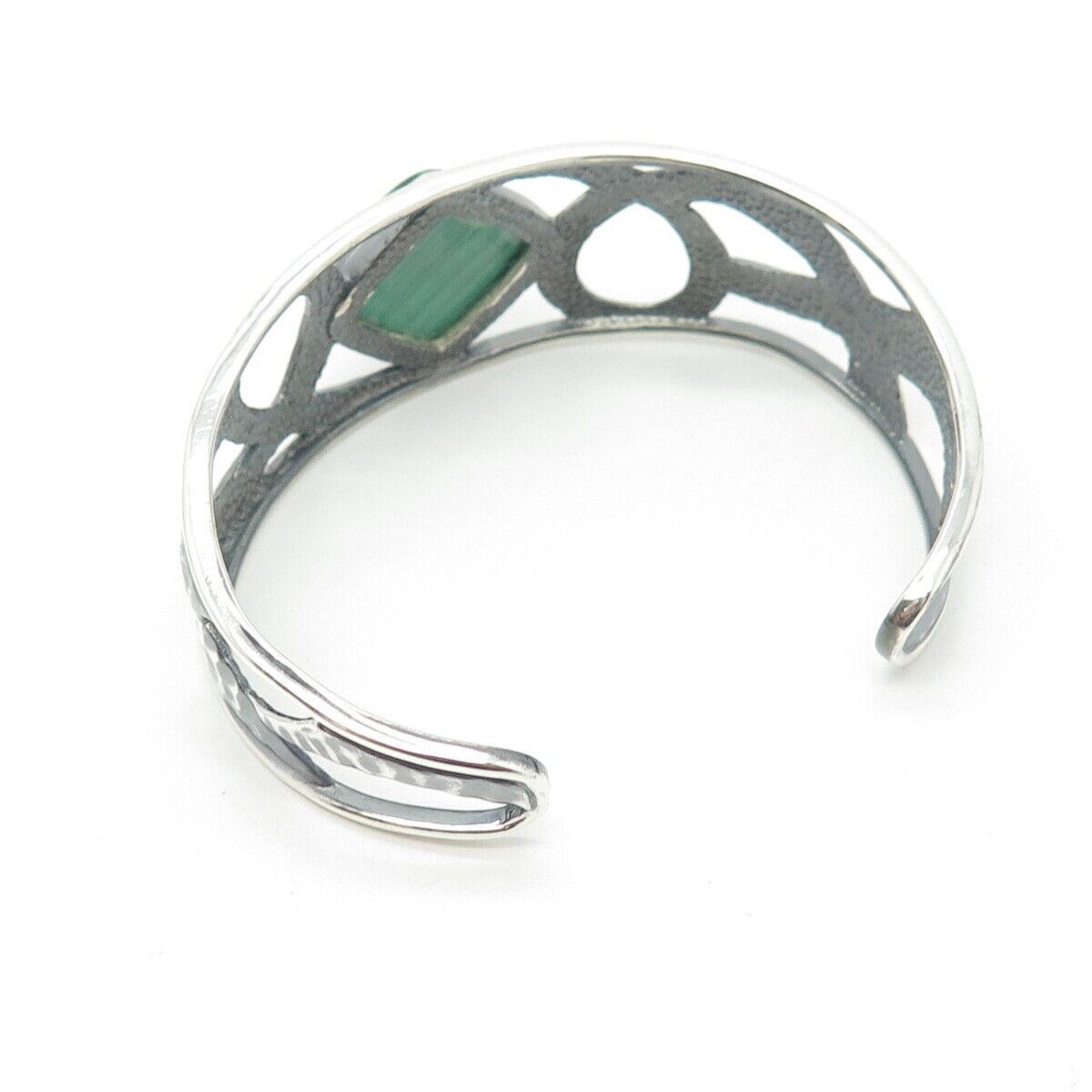 925 Sterling Silver Vintage Malachite Gem Hammered Finish Cuff Bracelet 6.75"