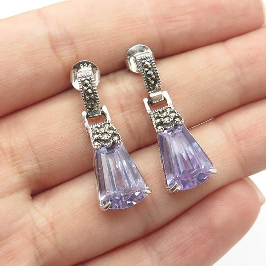 925 Sterling Silver Vintage Real Marcasite Gemstone & Lavender C Z Earrings