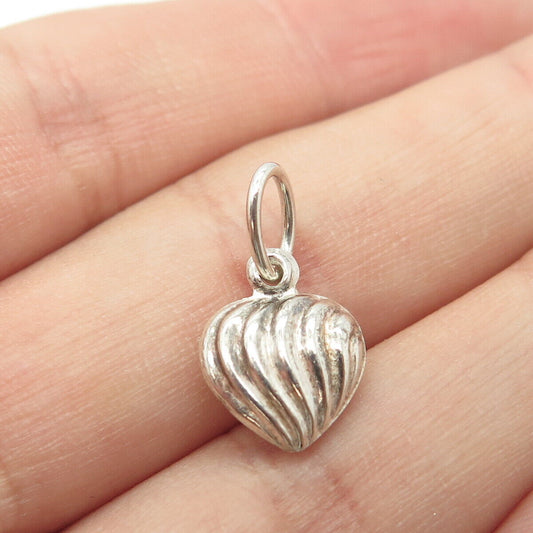 925 Sterling Silver Vintage Ribbed Puffy Heart 3D Charm Pendant