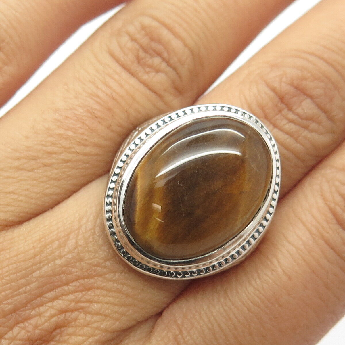 925 Sterling Silver Vintage Real Tiger Eye Gem Statement Ring Size 7