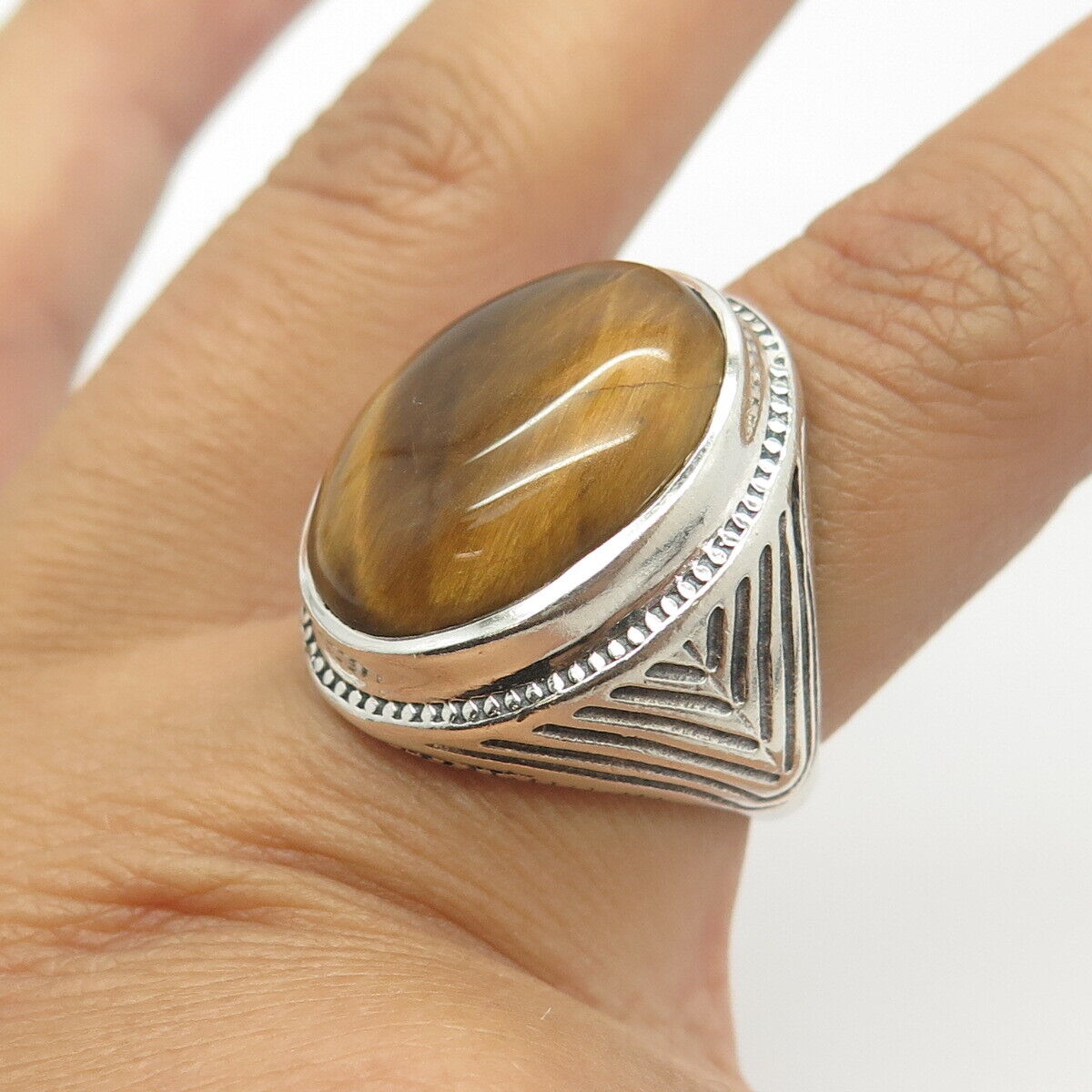 925 Sterling Silver Vintage Real Tiger Eye Gem Statement Ring Size 7