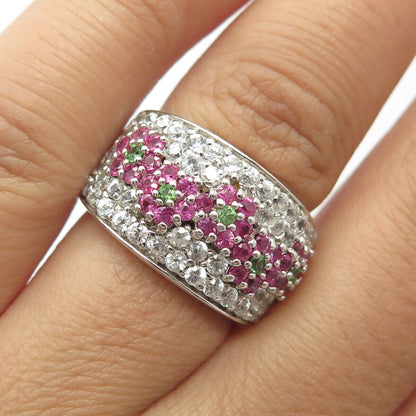 925 Sterling Silver Real White Topaz Peridot Gem & Pink Sapphire Ring Size 6