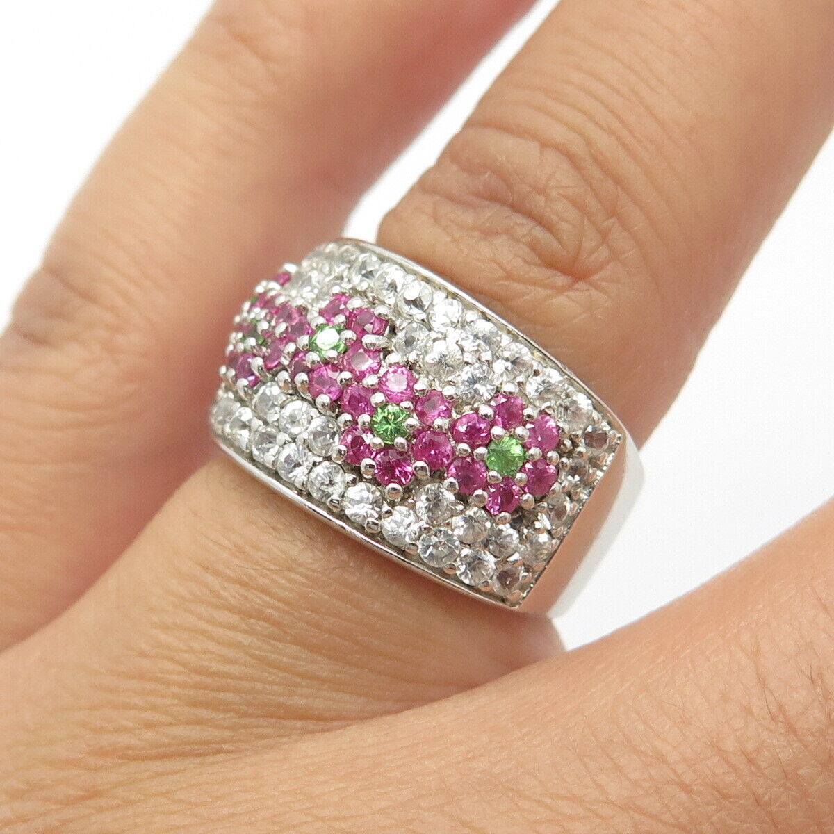 925 Sterling Silver Real White Topaz Peridot Gem & Pink Sapphire Ring Size 6