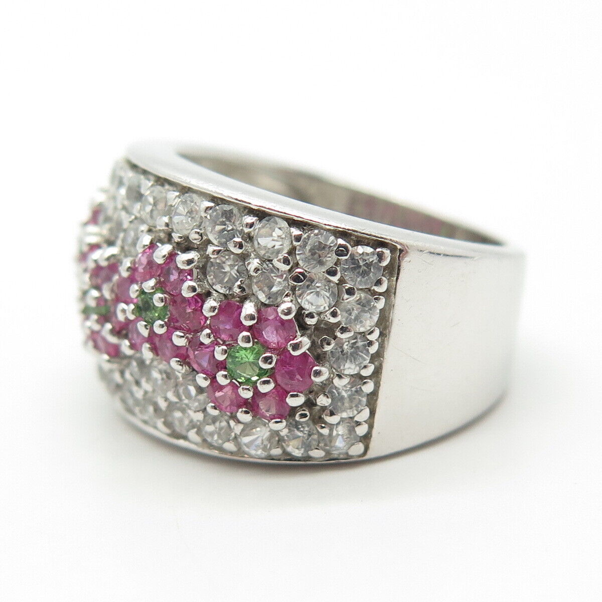 925 Sterling Silver Real White Topaz Peridot Gem & Pink Sapphire Ring Size 6