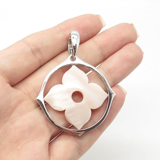 925 Sterling Silver Real Rose Mother-of-Pearl Floral Round Pendant