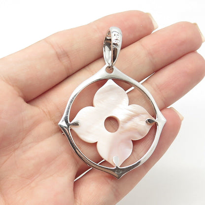 925 Sterling Silver Real Rose Mother-of-Pearl Floral Round Pendant